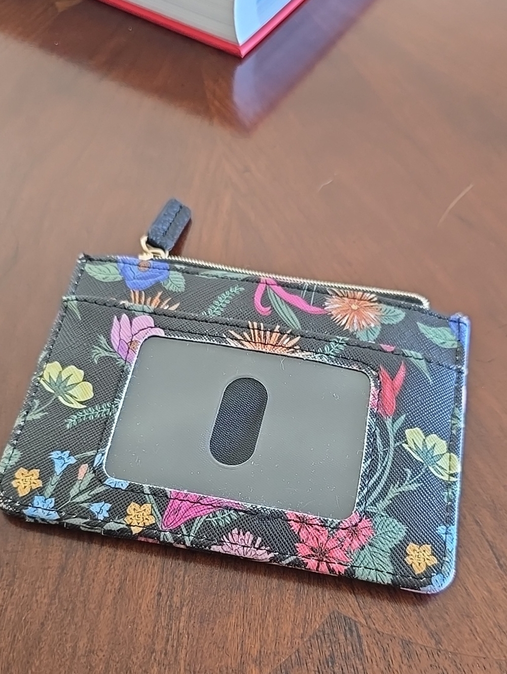 Floral ID Card Holder with Zip Pocket - Black Multicolor